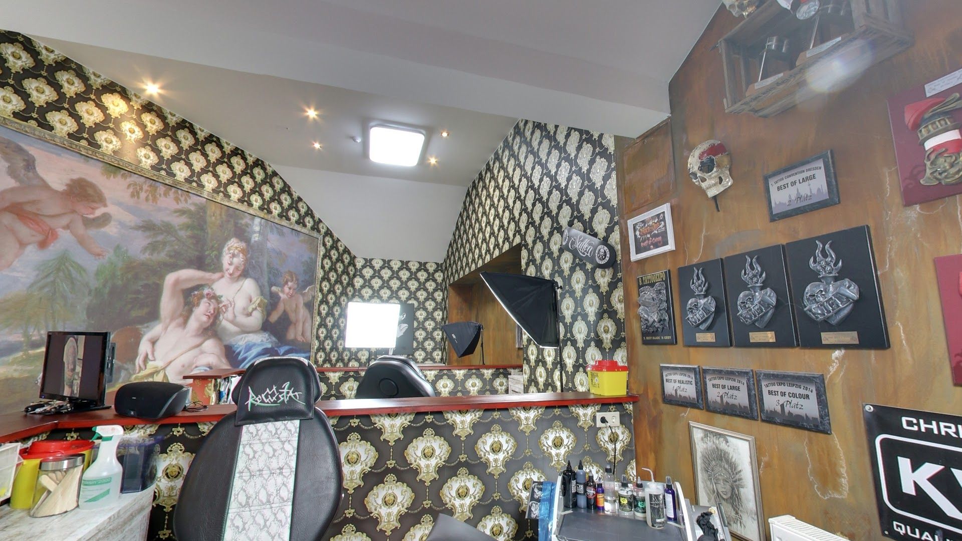 a wall with pictures on it
