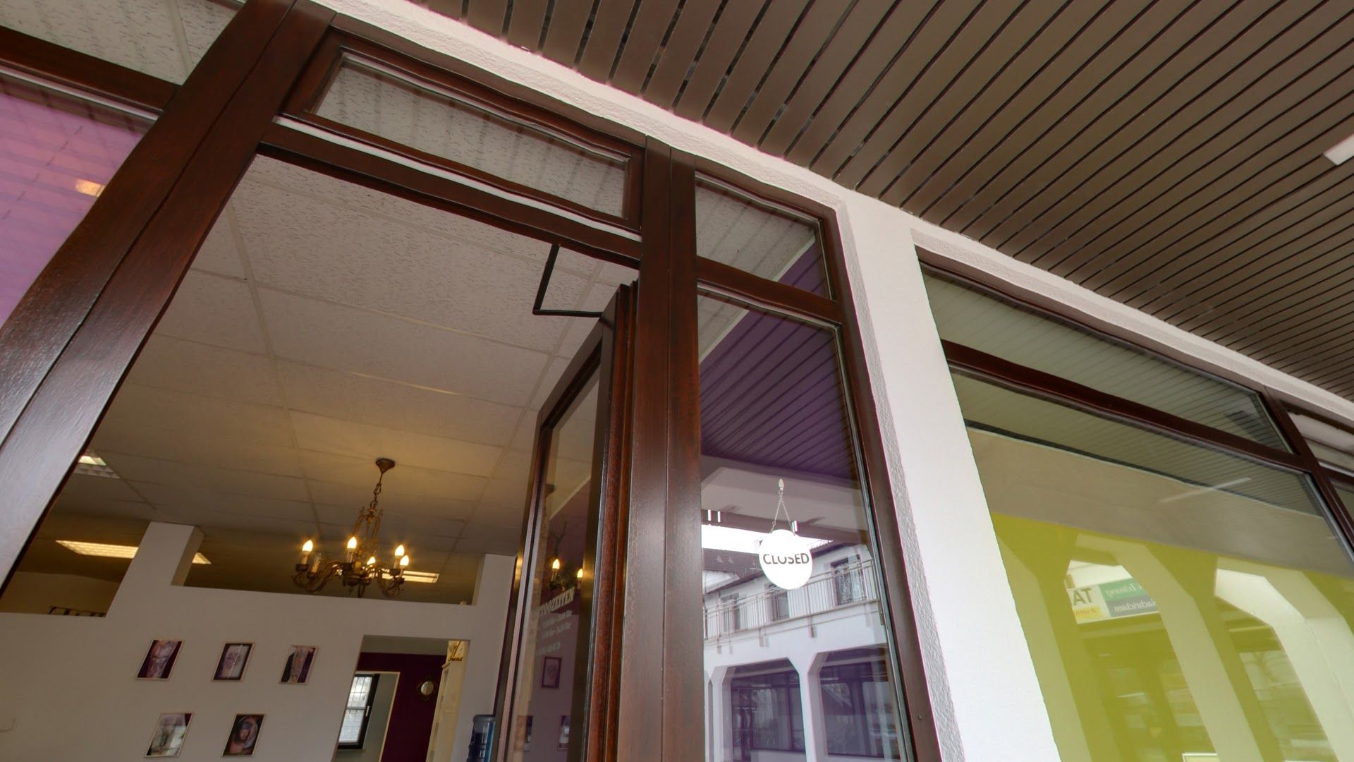 a window with a glass door and a light