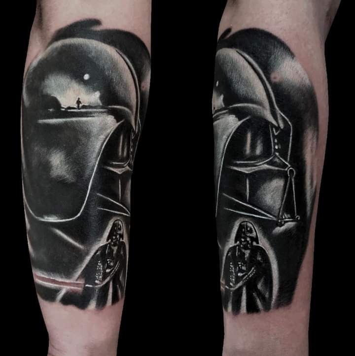 a cover-up tattoo of a man with a helmet on his arm, teltow-fläming, germany