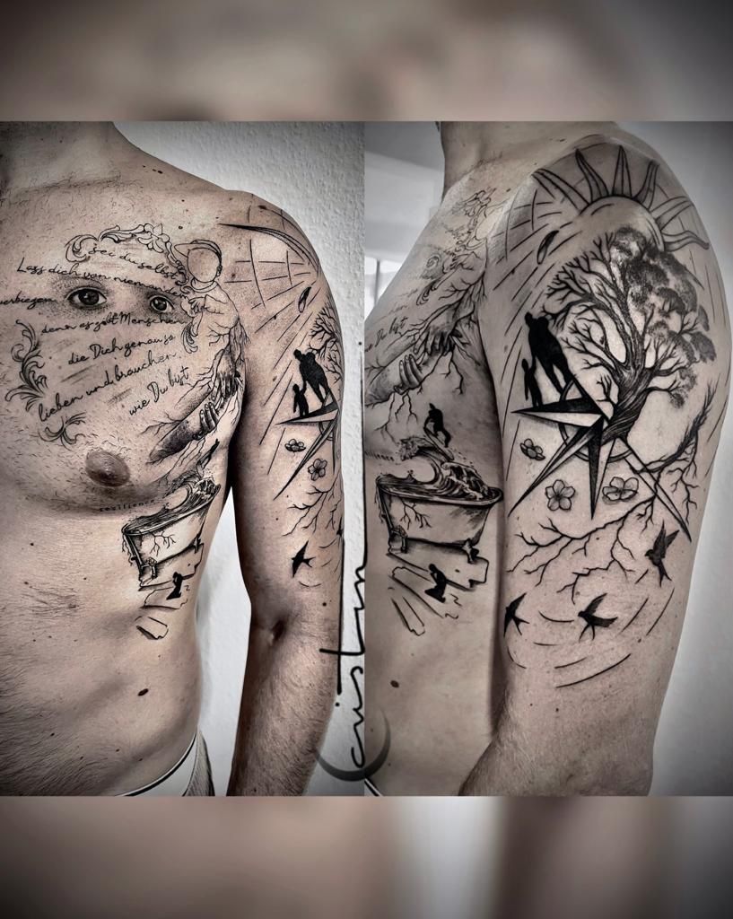 a man with a cover-up tattoo on his chest, bodenseekreis, germany