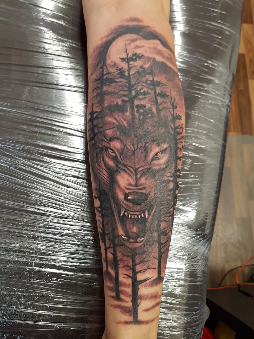 a cover-up tattoo of a wolf with a ship in the background, donau-ries, germany