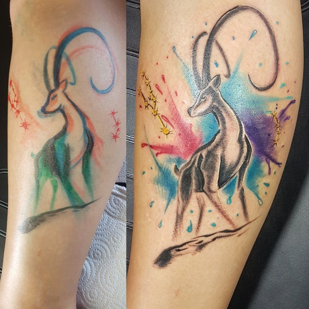 a narben tattoo of a goat with colorful paint, neustadt an der weinstraße, germany