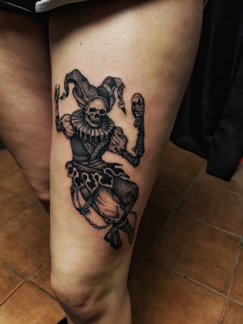 a narben tattoo of a skeleton holding a knife, dresden, germany