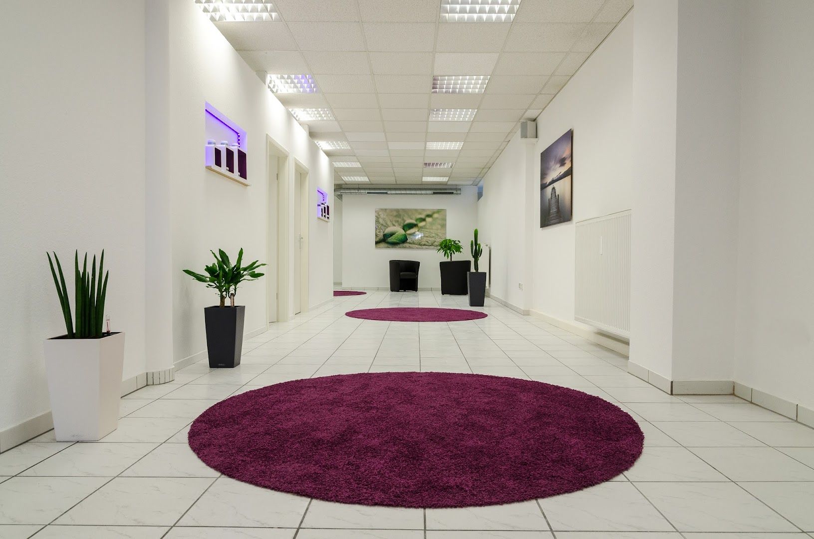 a purple rug in a white hallway