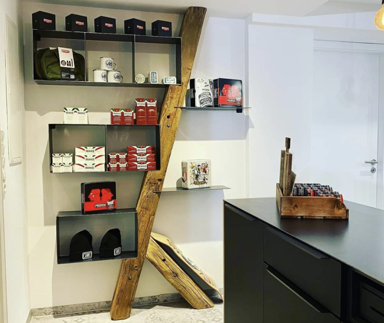 a ladder is hanging on the wall in a kitchen