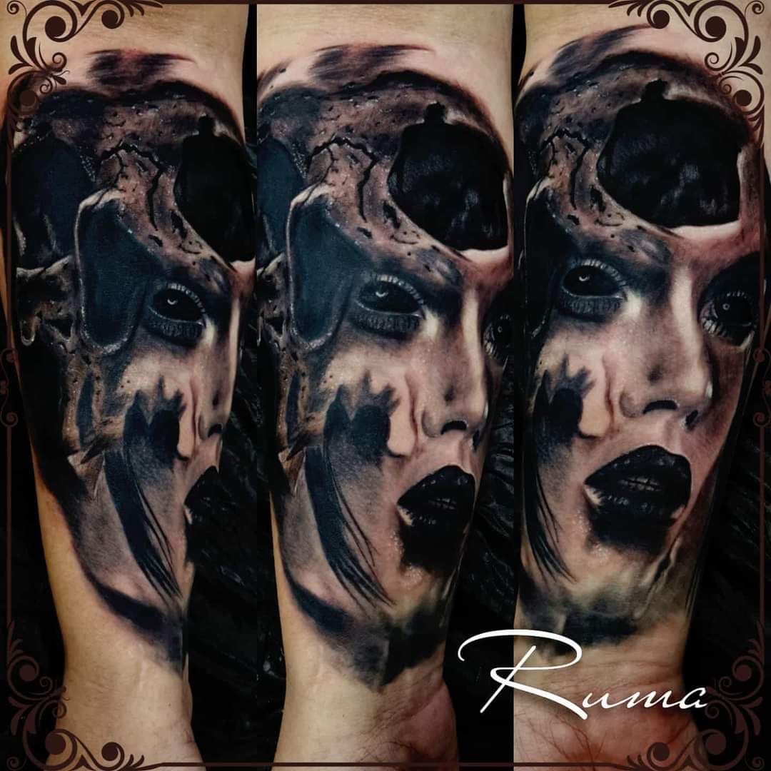 a black and white cover-up tattoo with a woman's face, bergstraße, germany