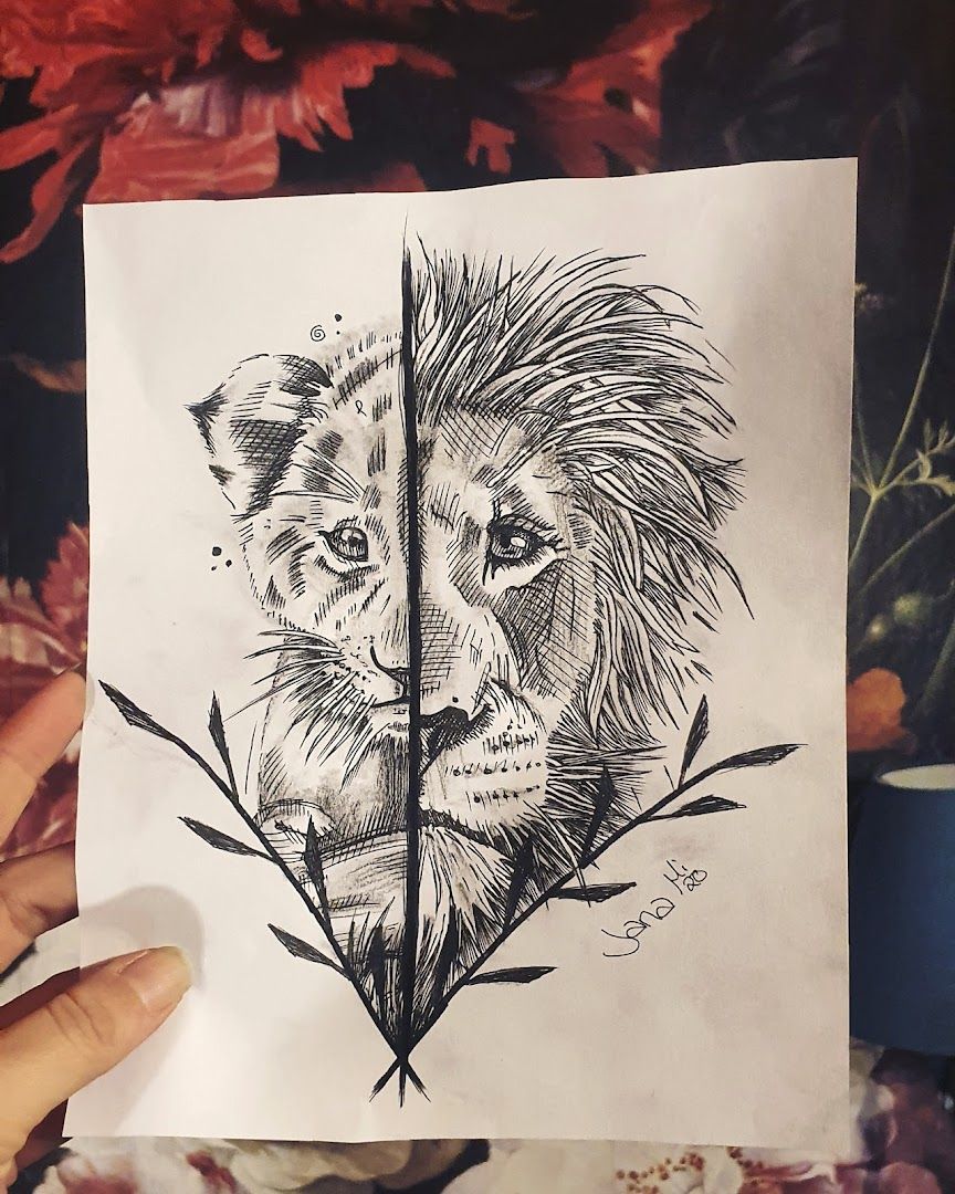 a drawing of a lion with a flower in the background