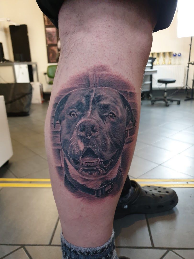 a black and grey dog narben tattoo on the leg, nordfriesland, germany