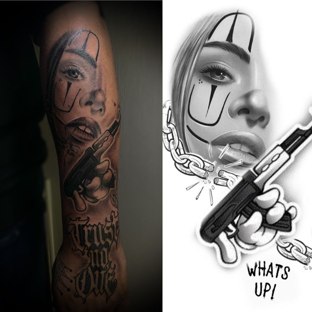 a woman with a gun and a cover-up tattoo, delmenhorst, germany
