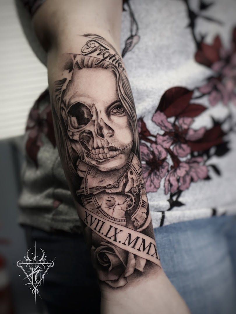 a woman with a clock cover-up tattoo on her arm, rhein-erft district, germany