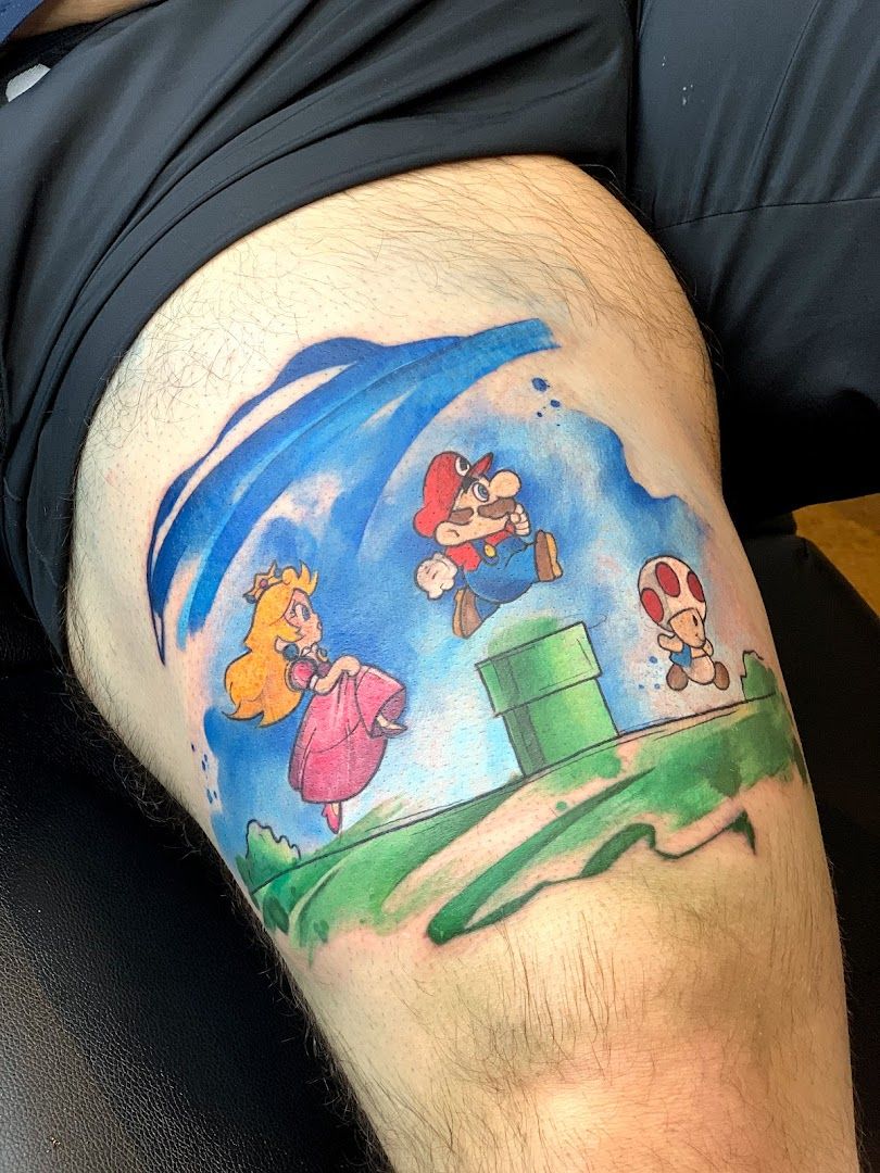 a man with a cover-up tattoo on his leg, rhein-pfalz-kreis, germany