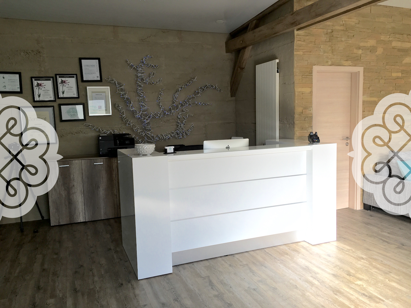 a reception desk with a white reception desk