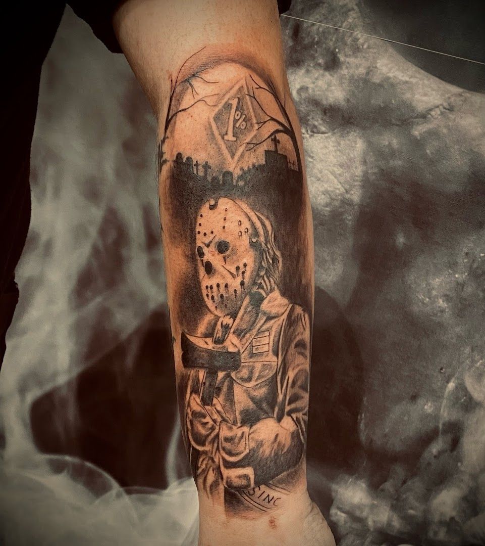 a cover-up tattoo of a skeleton holding a skull, konstanz, germany