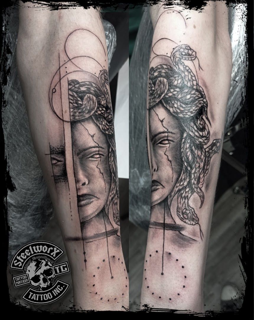 a black and white cover-up tattoo of a woman's face, schweinfurt, germany