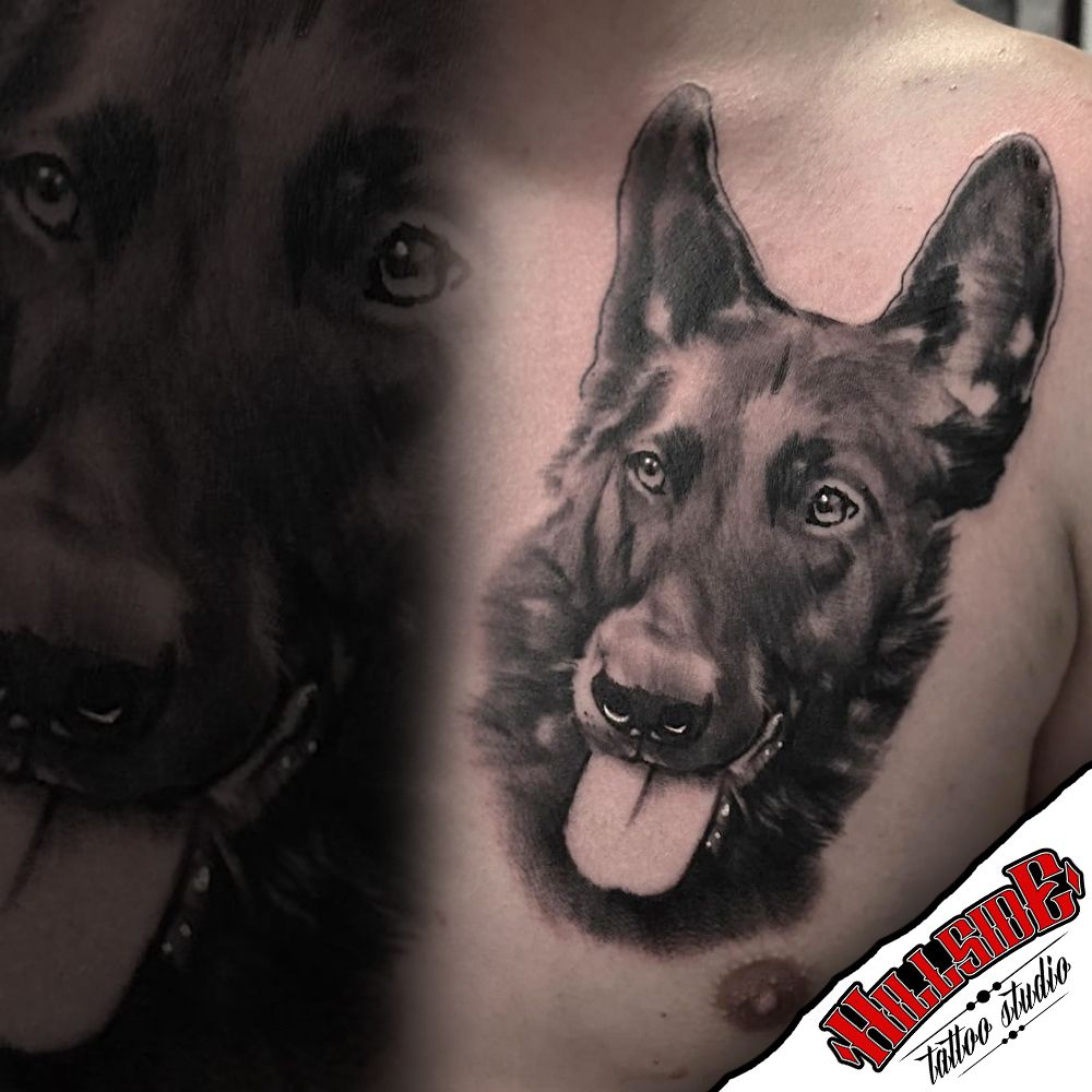a black and white portrait tattoos of a dog, märkischer kreis, germany