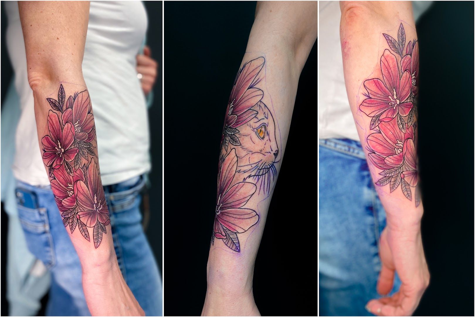 a woman's arm with a narben tattoo of a bird and flowers, mönchengladbach, germany