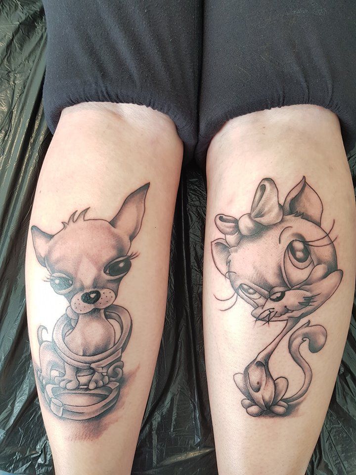 two narben tattoos of a cat and a mouse, zwickau, germany