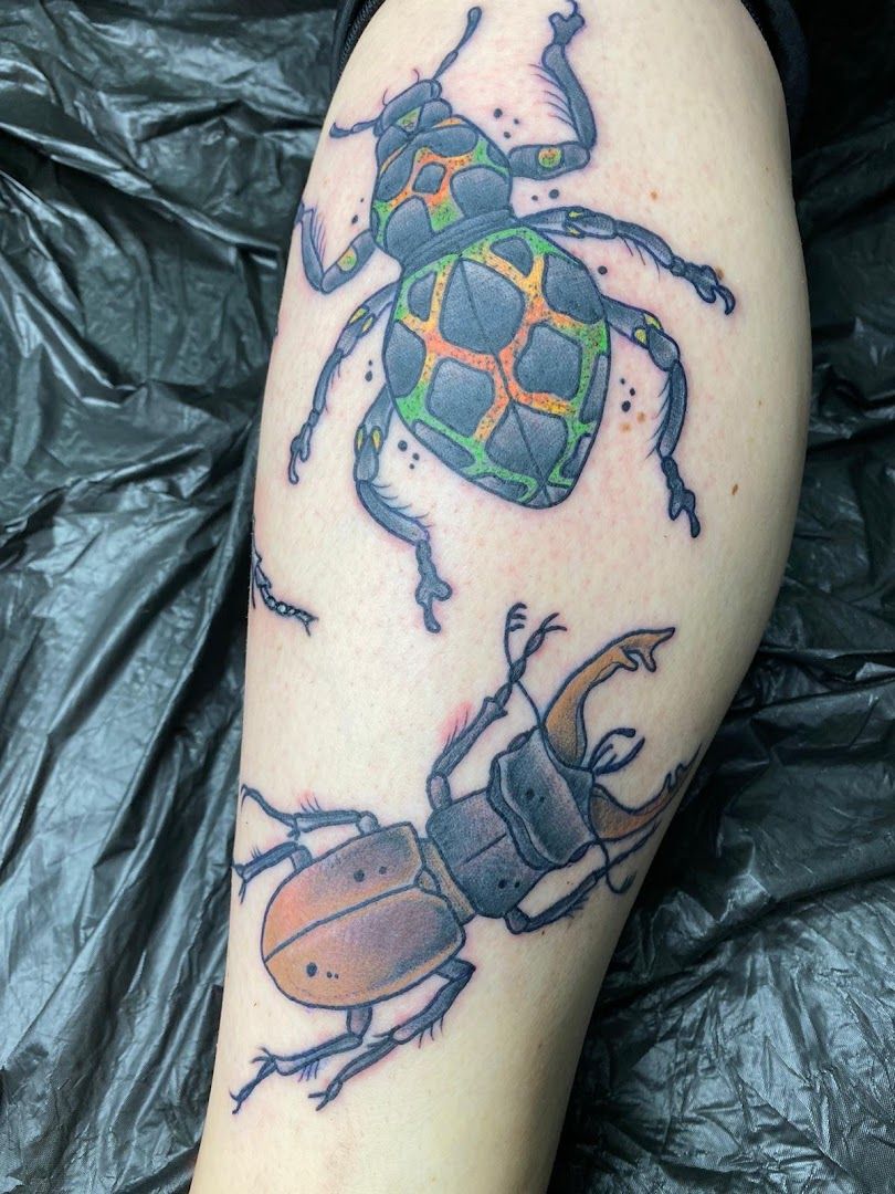 a blackwork tattoo of a beetle and a beetle, recklinghausen, germany