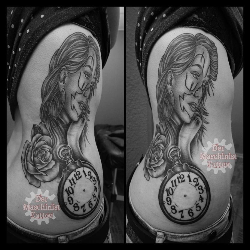 a woman with a clock cover-up tattoo on her stomach, kreisfreie stadt gera, germany