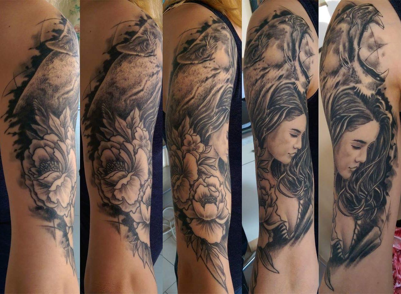 a woman with a bird and flowers on her arm