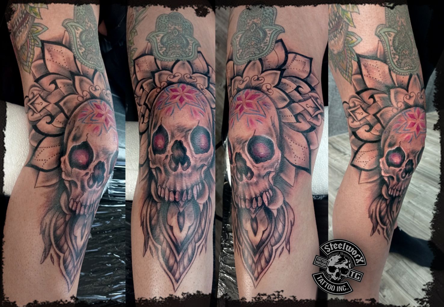 a skull with a rose on it's leg