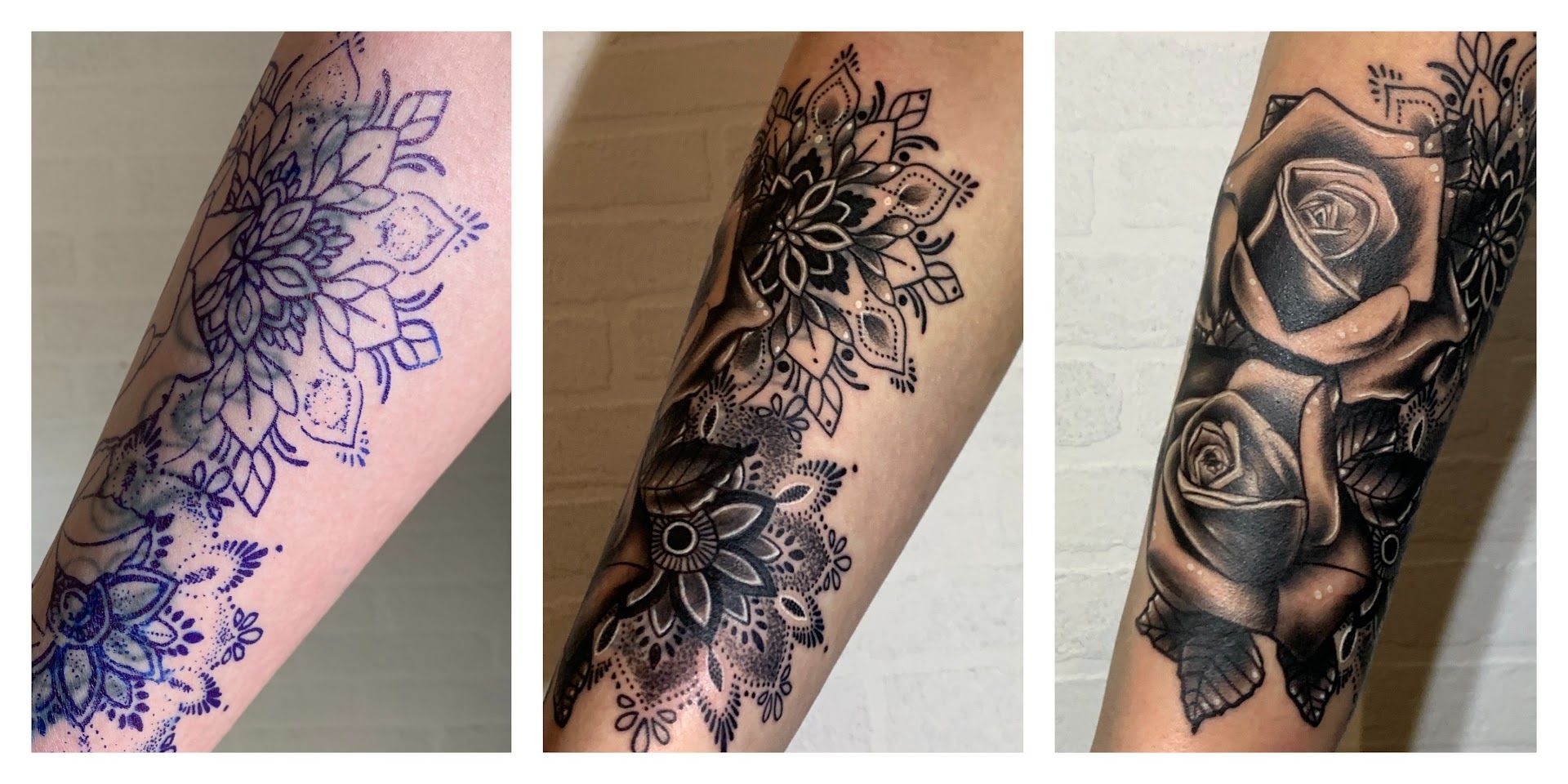 a black and white narben tattoo with flowers on the arm, bergstraße, germany