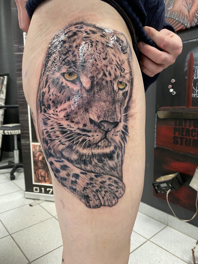 a cover-up tattoo of a leopard on the thigh, zwickau, germany