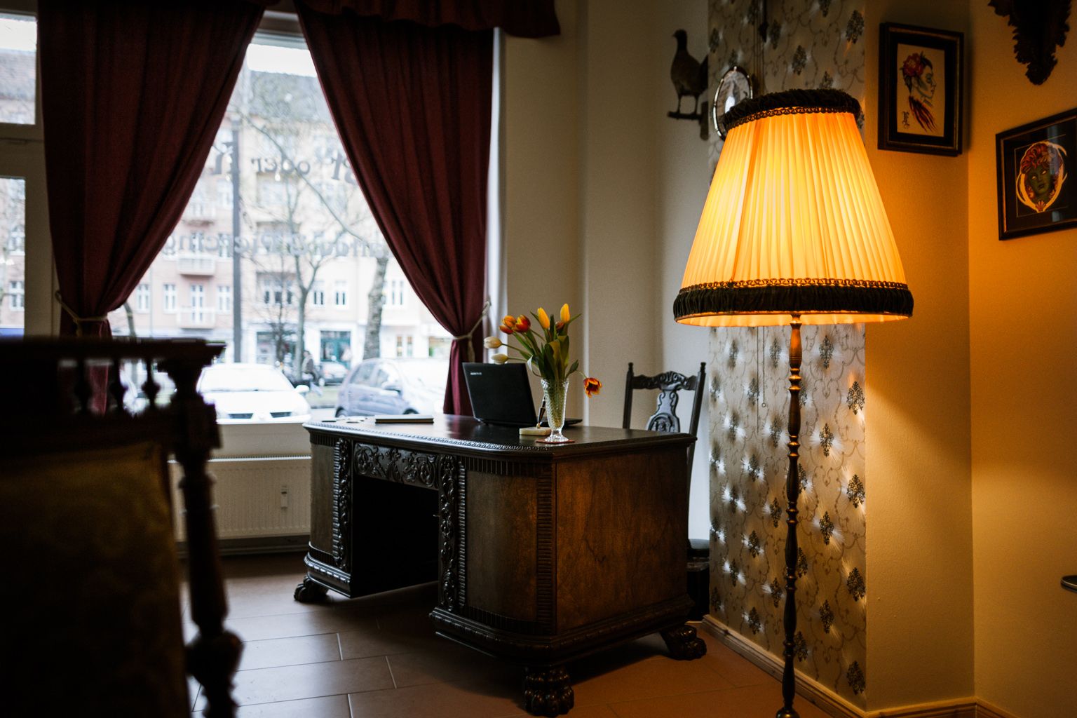 a lamp sitting on a table in a room