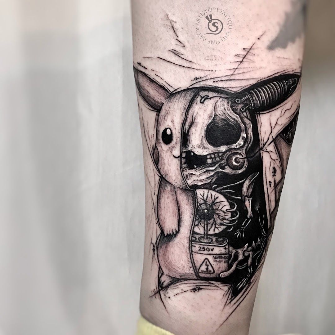 a black and white cover-up tattoo of a bull, berlin, germany