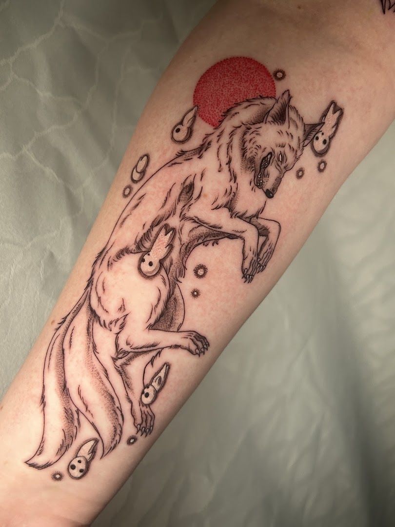 a cover-up tattoo of a unicorn and a cat, kassel, germany