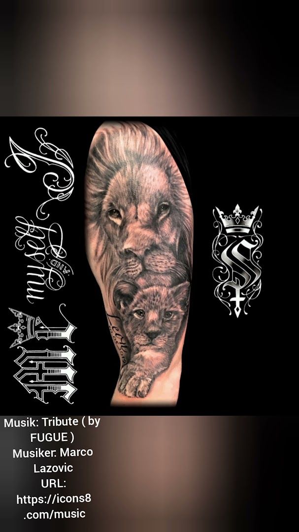 a cover-up tattoo of a lion with a black and white background, bitburg-prüm, germany