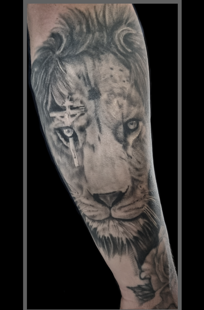 a cover-up tattoo of a lion on the arm, main-kinzig-kreis, germany