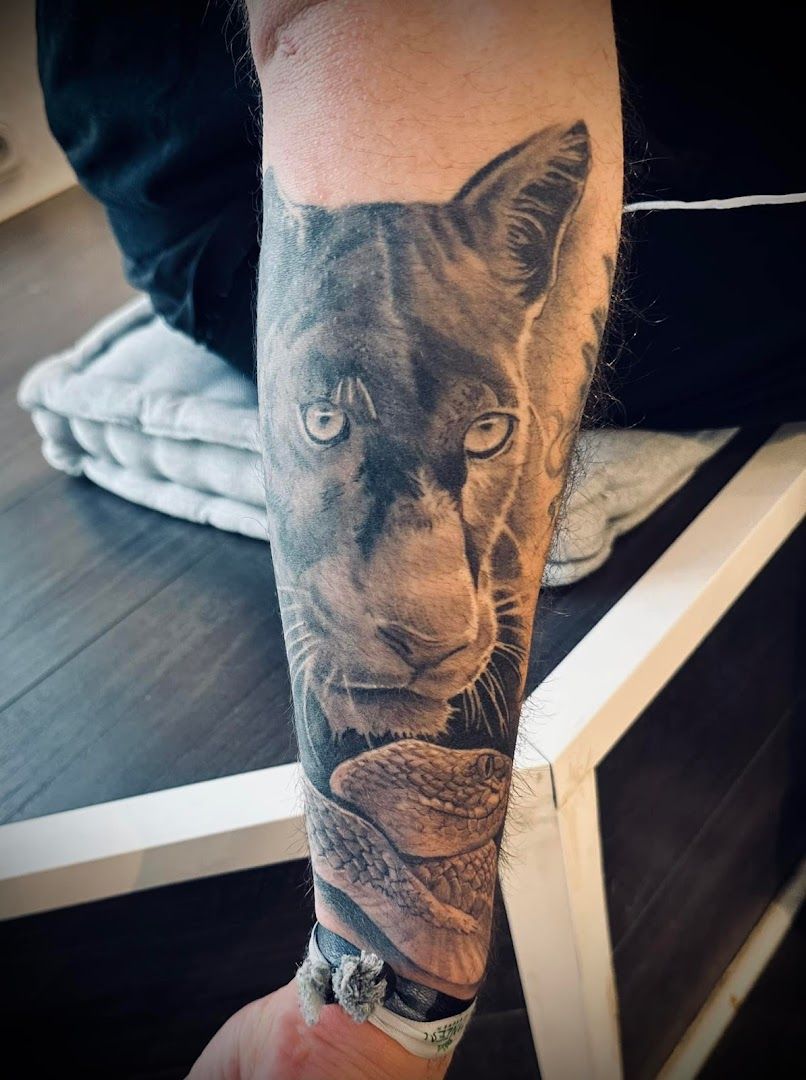 a black and grey cover-up tattoo of a cat, bayreuth, germany