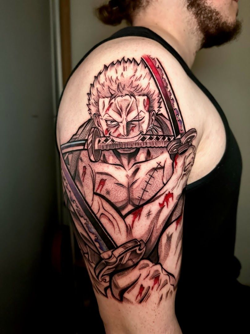 a narben tattoo of a man with a sword and blood, freising, germany