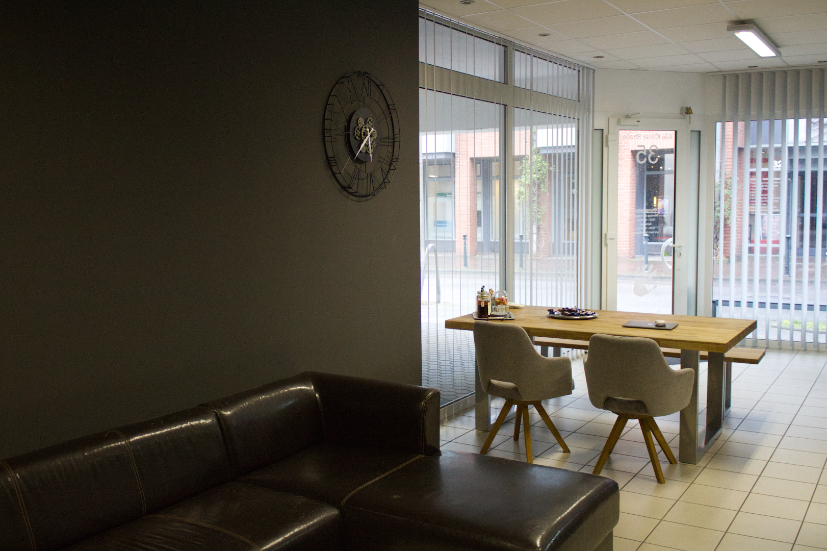 a living room with a couch and a table