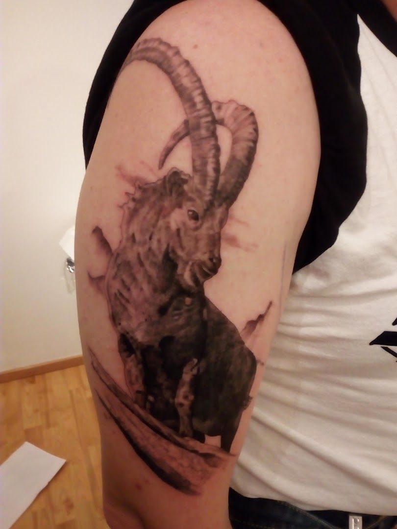 a man with a goat cover-up tattoo on his arm, regen, germany