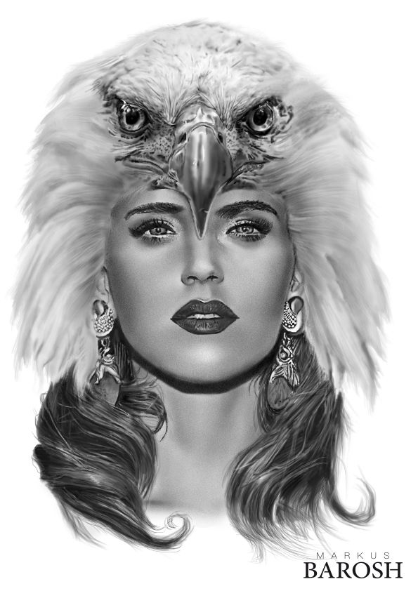 a woman with a bird's head and a feather on her head