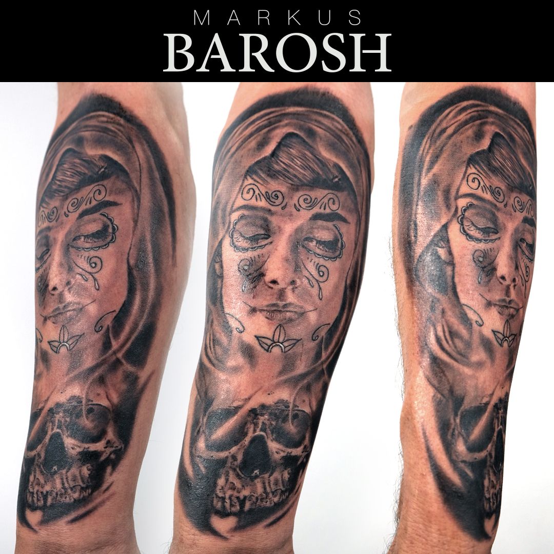 a black and grey fineline tattoos with a woman's face, esslingen, germany