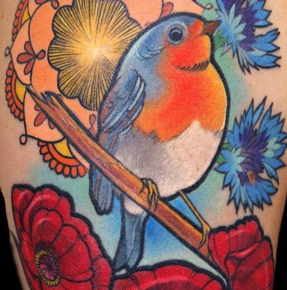 a bird on a branch with flowers and a sun