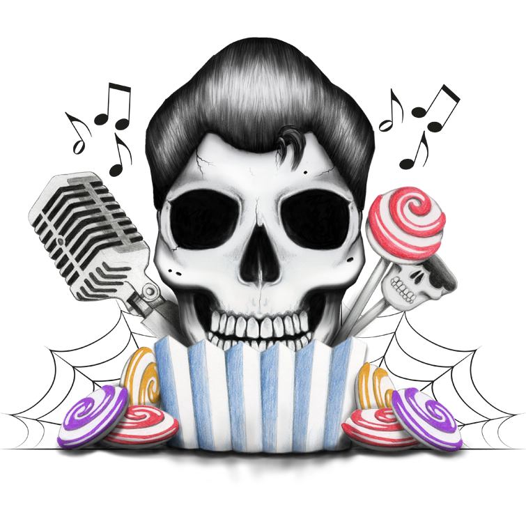 a skull with a microphone and a cupcake