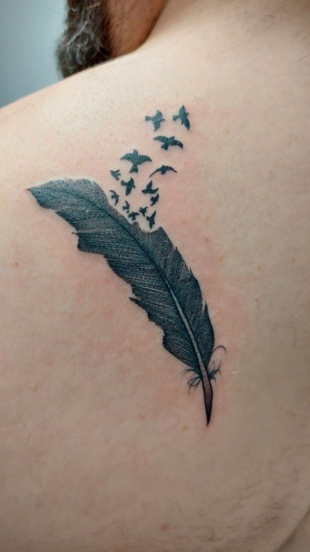 a black feather with a flock of birds flying around it