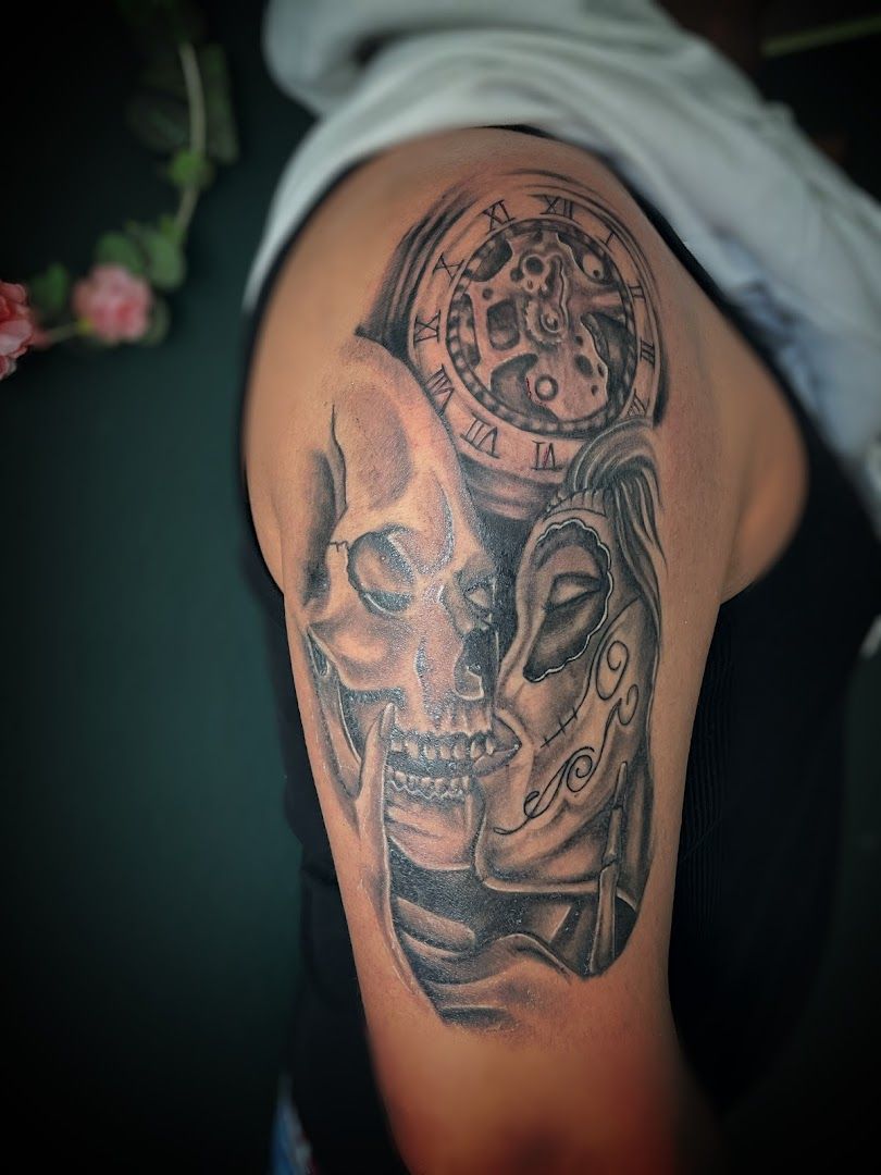 a cover-up tattoo of a skull and a clock, delmenhorst, germany