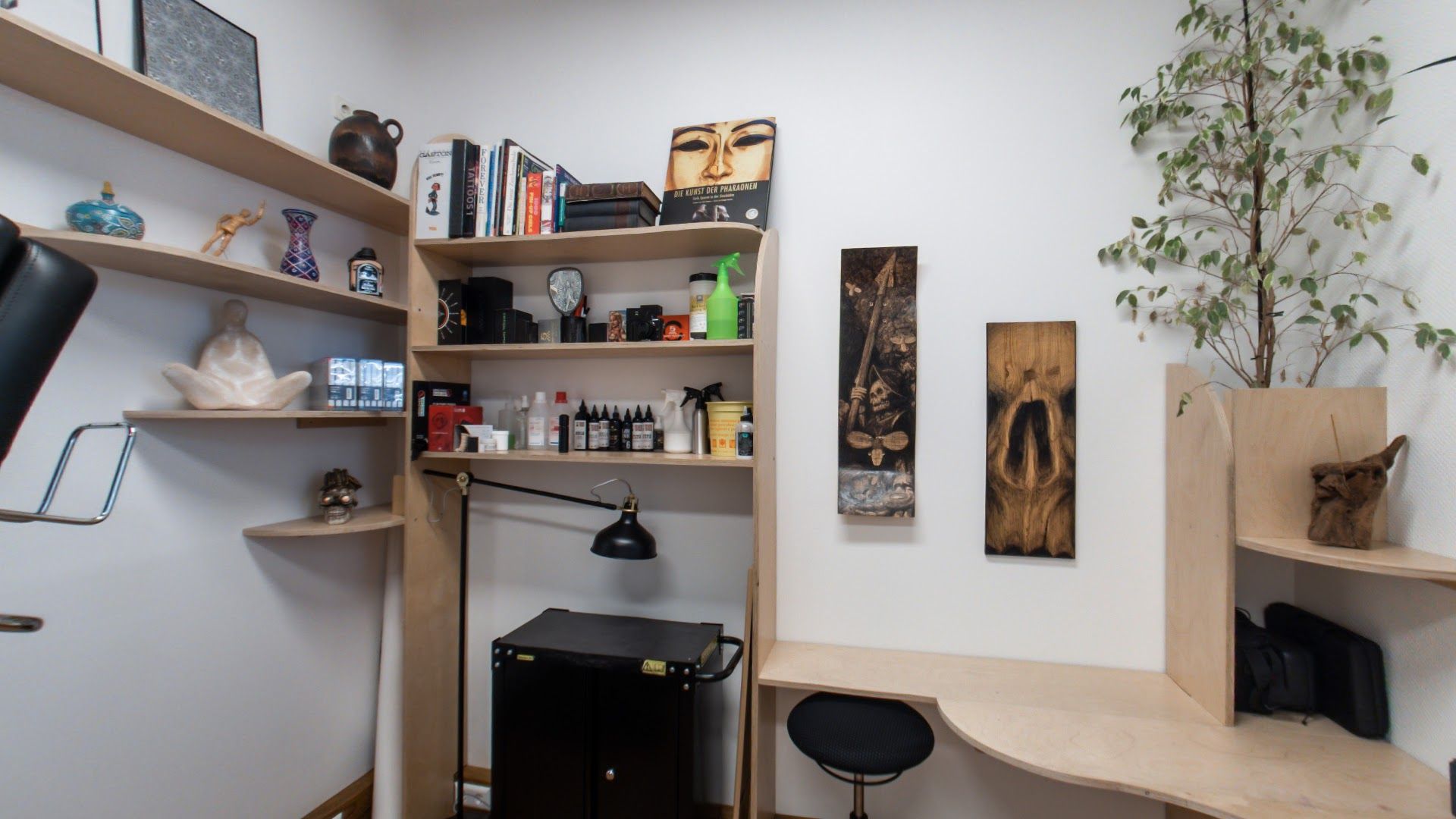 a room with a desk, shelves, and a plant