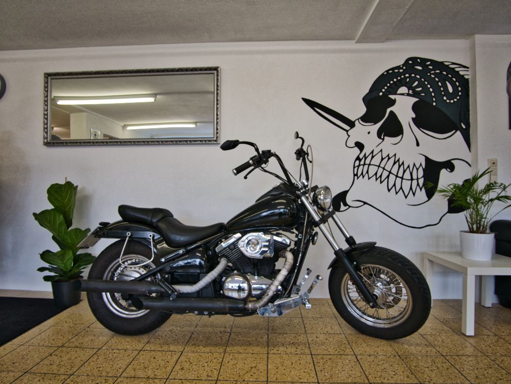 a motorcycle parked in a garage