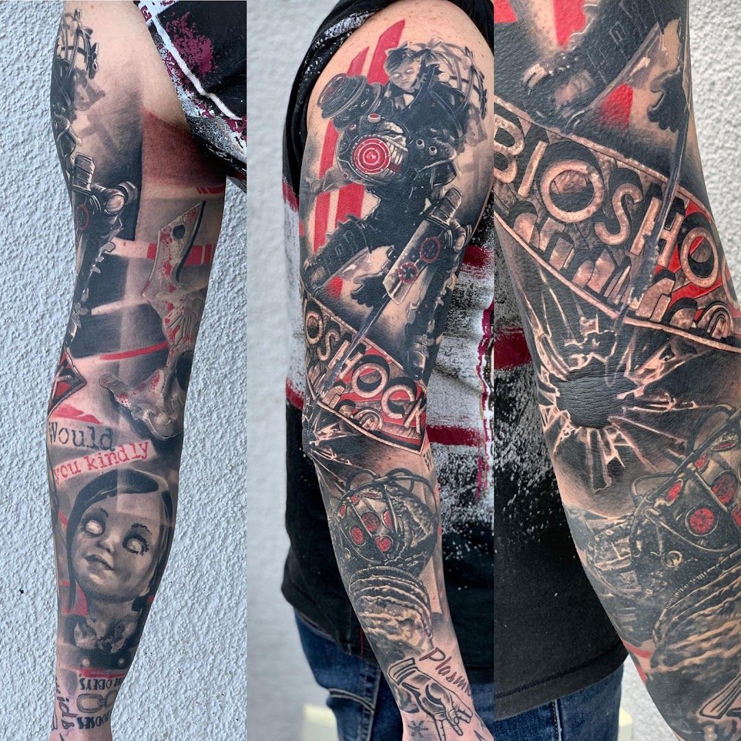 a man with a full sleeve cover-up tattoo, darmstadt-dieburg, germany