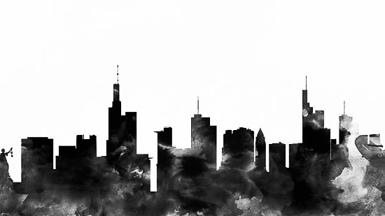 a black and white skyline of a city