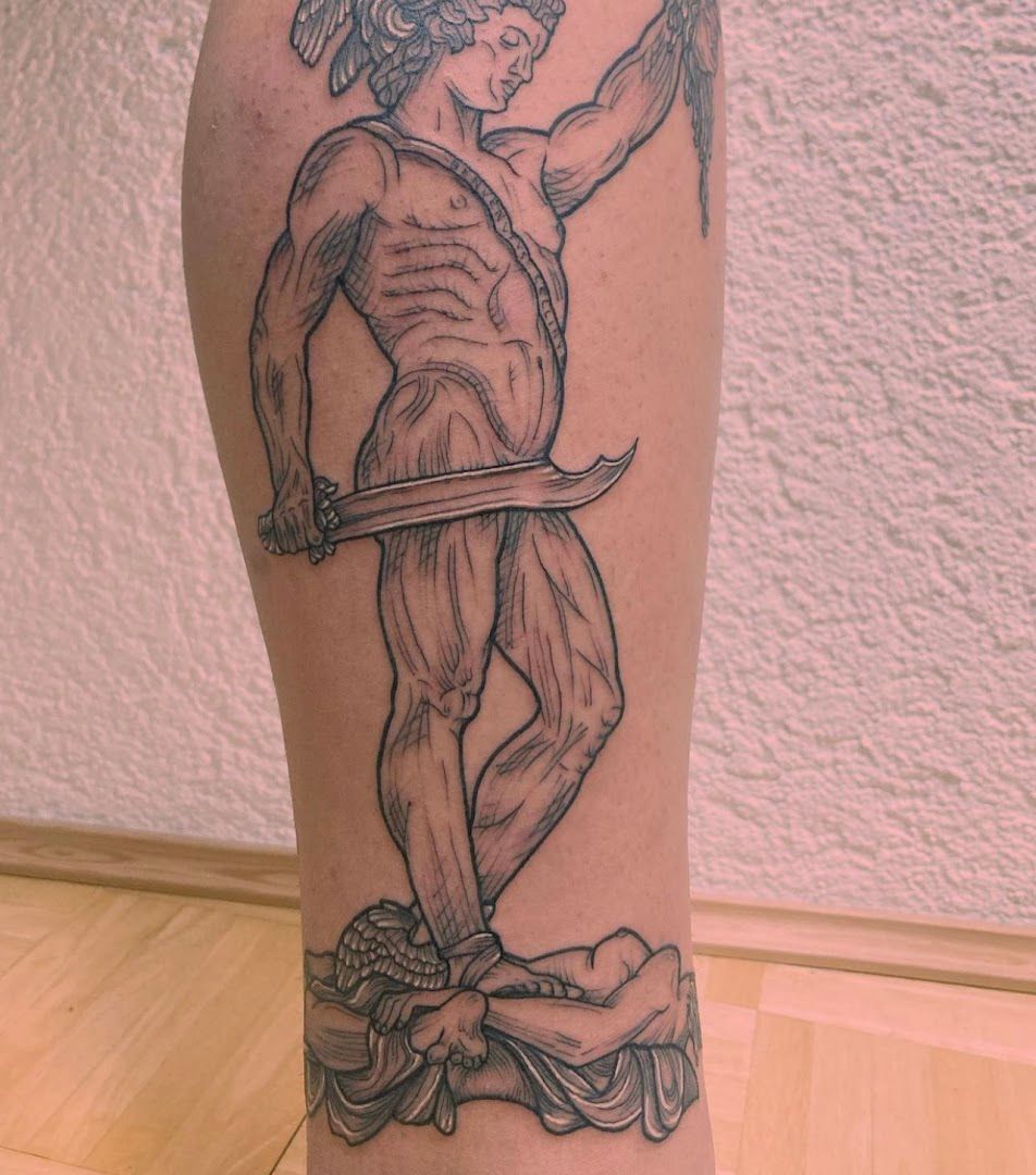 a narben tattoo of a man holding a sword, neumarkt, germany