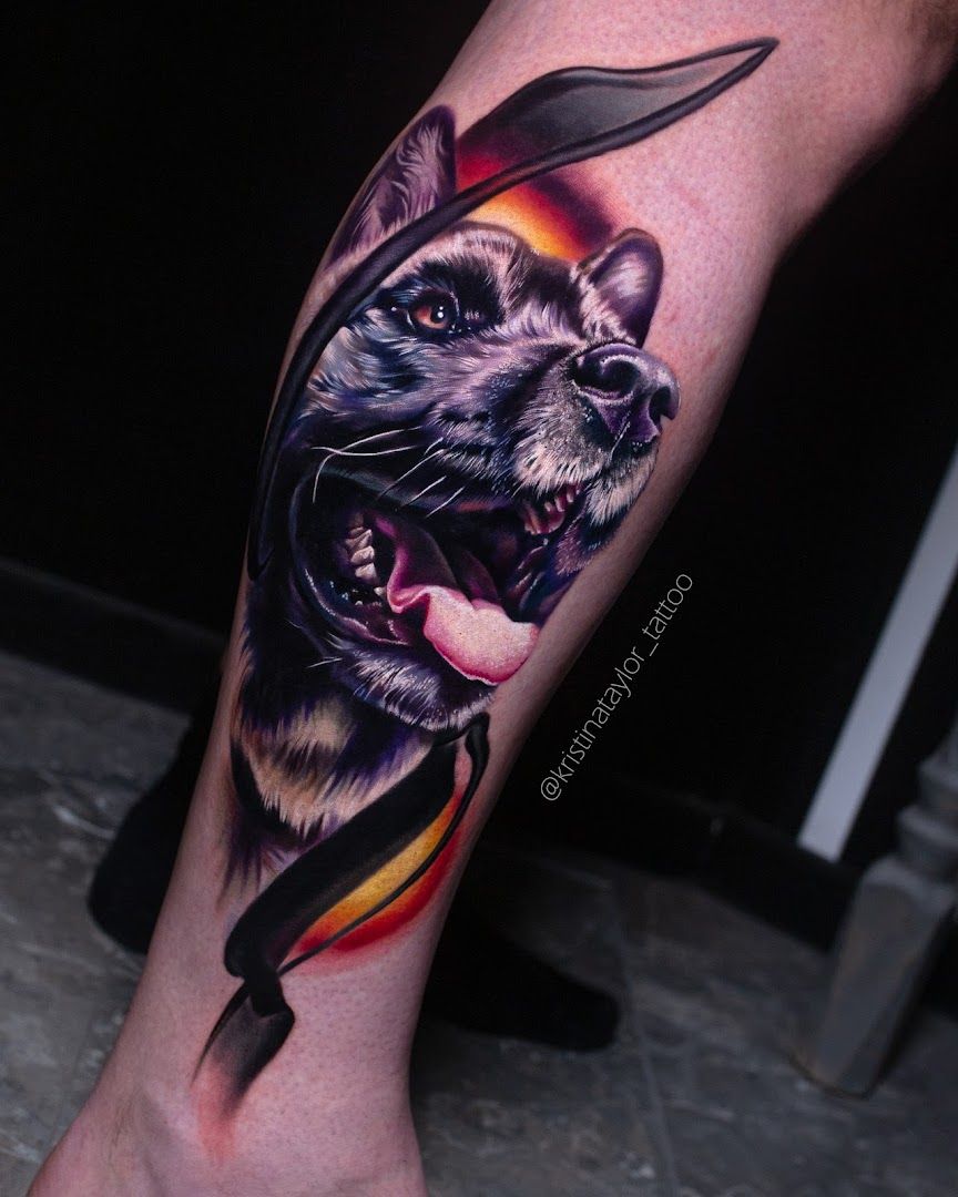 a cover-up tattoo of a dog with a hat on his head, bergstraße, germany