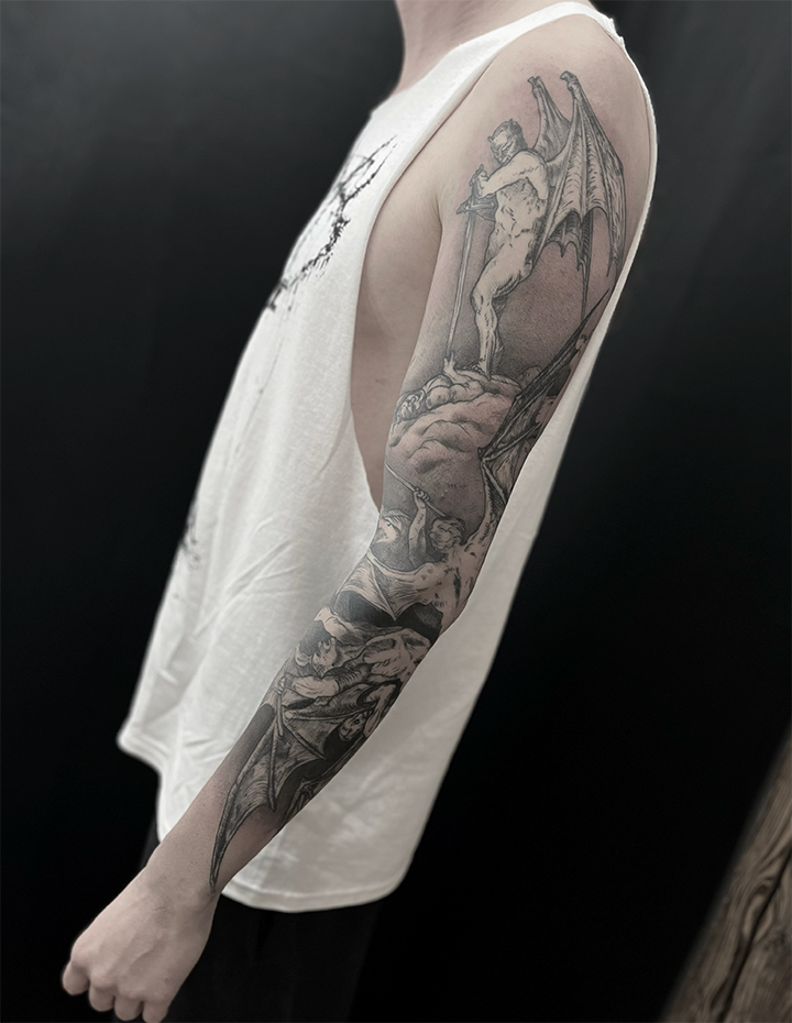 a man with a japanische tattoos in leipzig on his arm, neu-ulm, germany