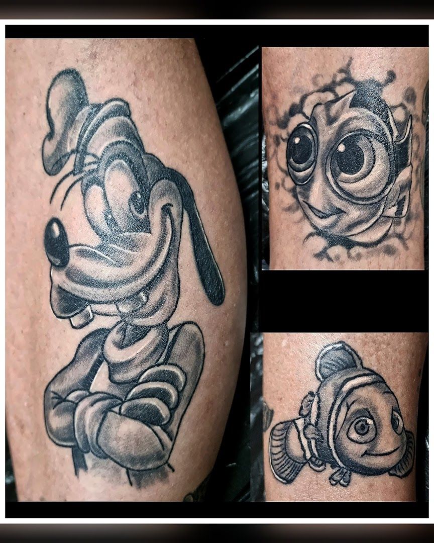 a cover-up tattoo of a mickey mouse and a fish, main-kinzig-kreis, germany